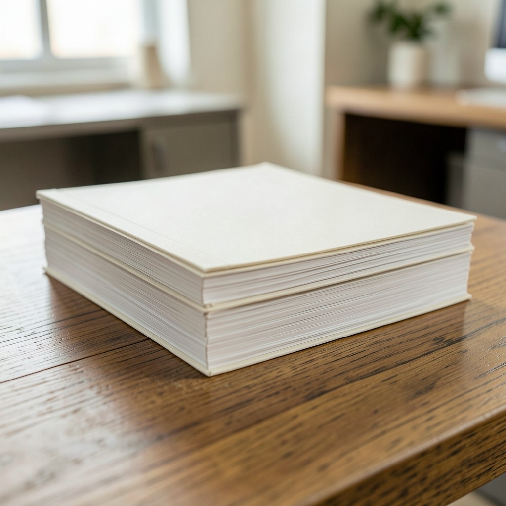 Stack of bound construction progress documents on a wooden desk