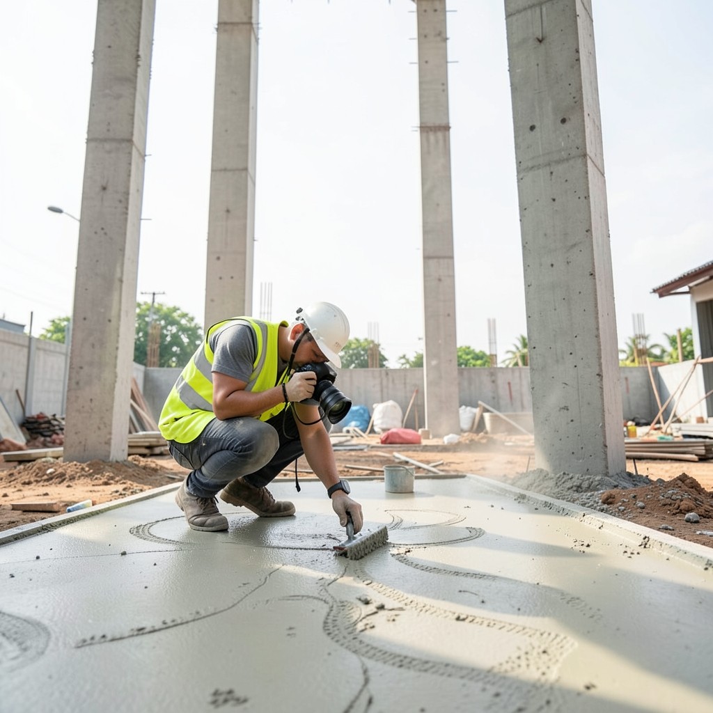 Photographer documenting a concrete floor plate on an active construction site