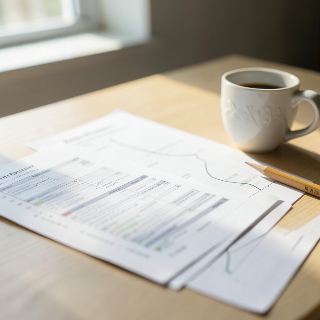 Printed Gantt chart and progress curve on a table with a pencil and coffee cup
