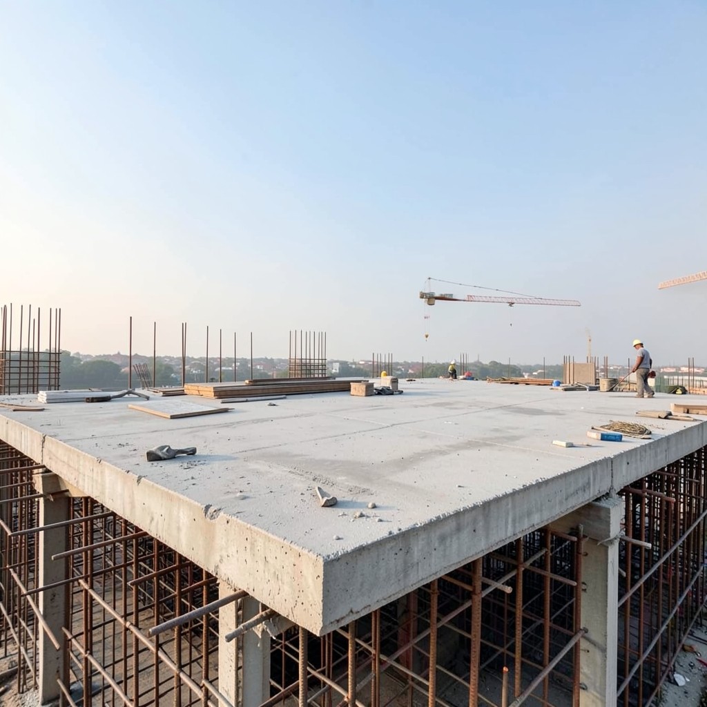 Workers on an upper floor slab of a building under construction against a clear sky