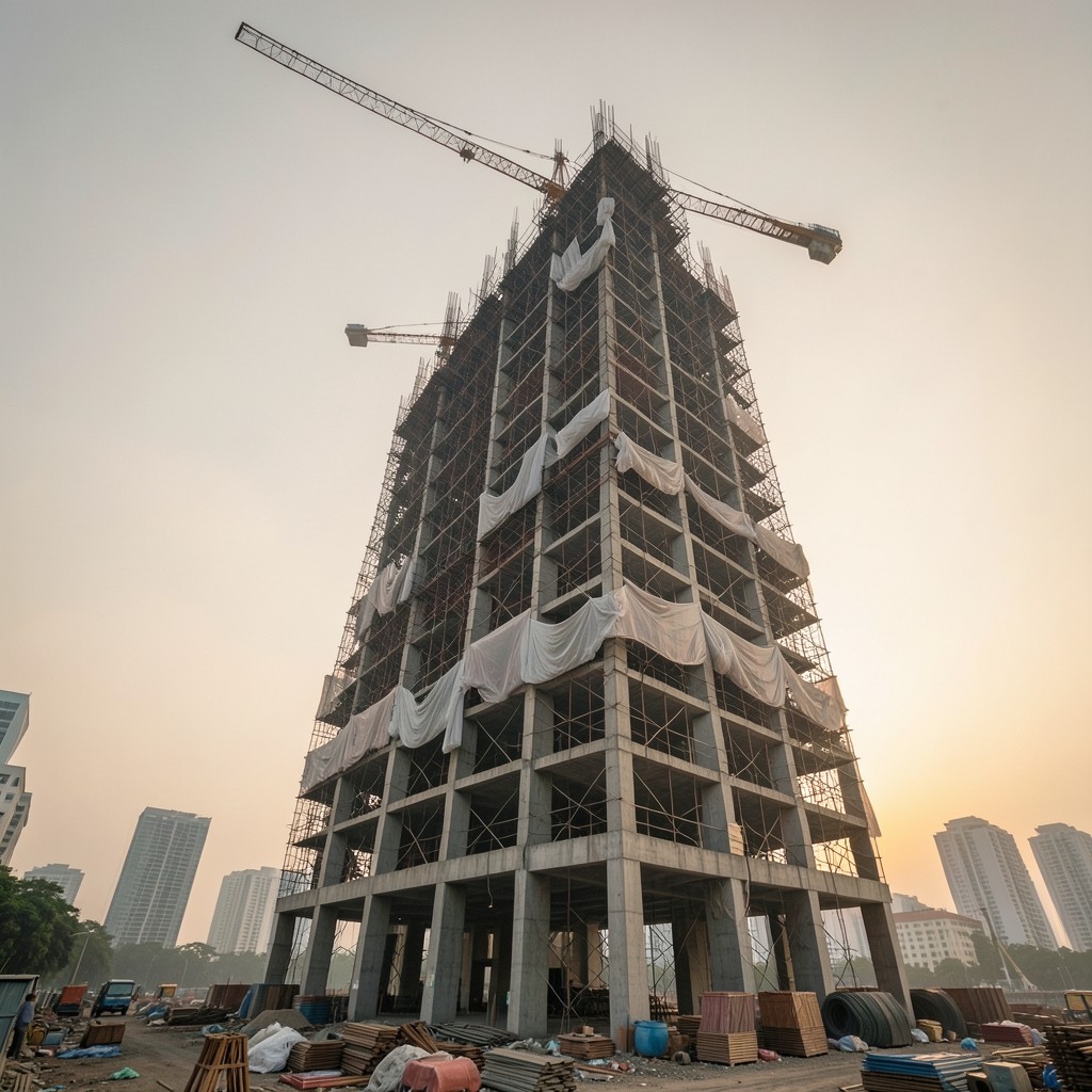 Active high-rise construction site in Bangkok with crane and concrete frame at dusk