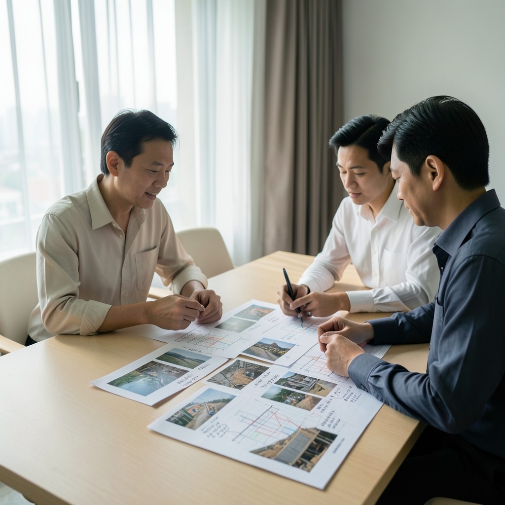 Owner and analyst reviewing printed progress charts beside site photographs