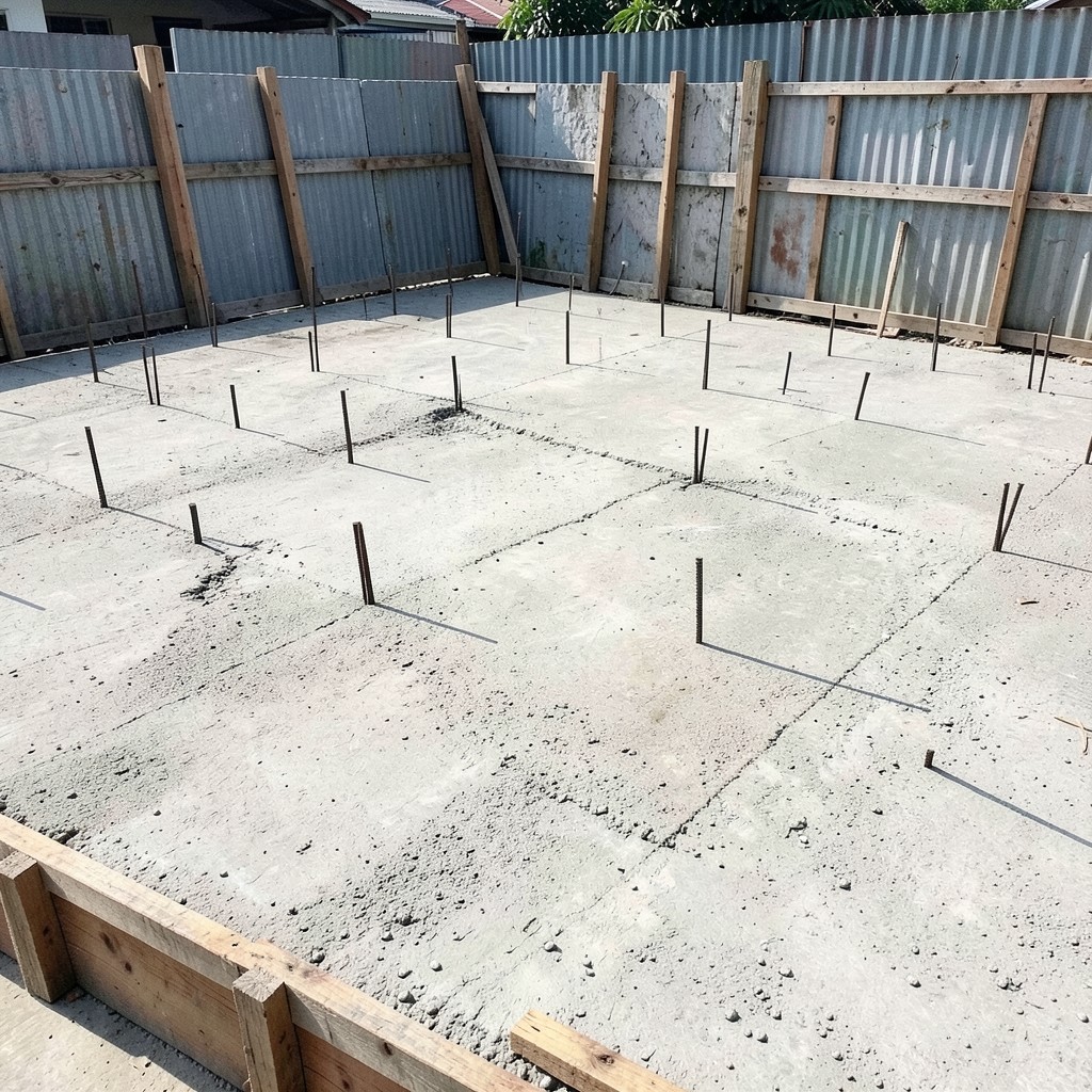 Concrete floor plate under construction with rebar and temporary barriers