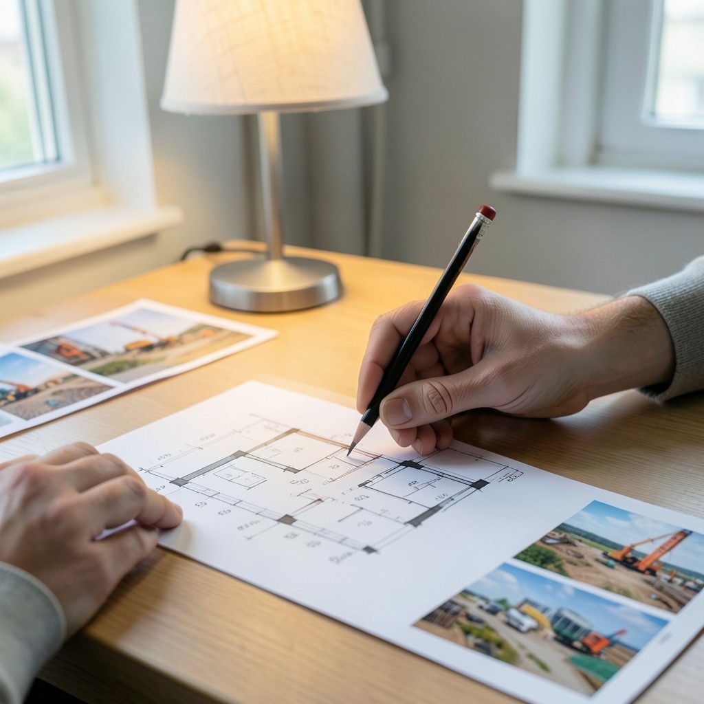 Analyst marking floor progress on printed site plans during a briefing preparation