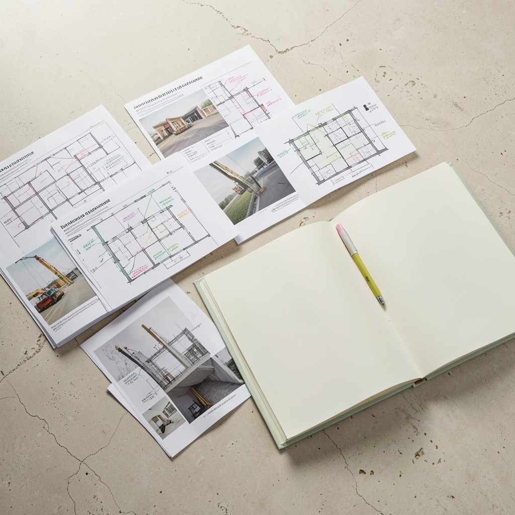 Printed construction progress charts and site photographs arranged on a meeting table