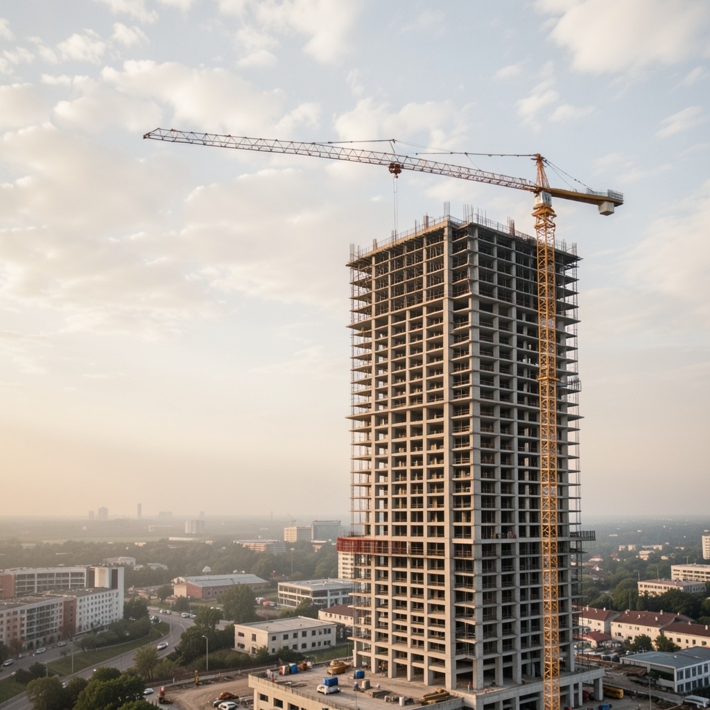 High-rise building nearing enclosure with crane beside the structure