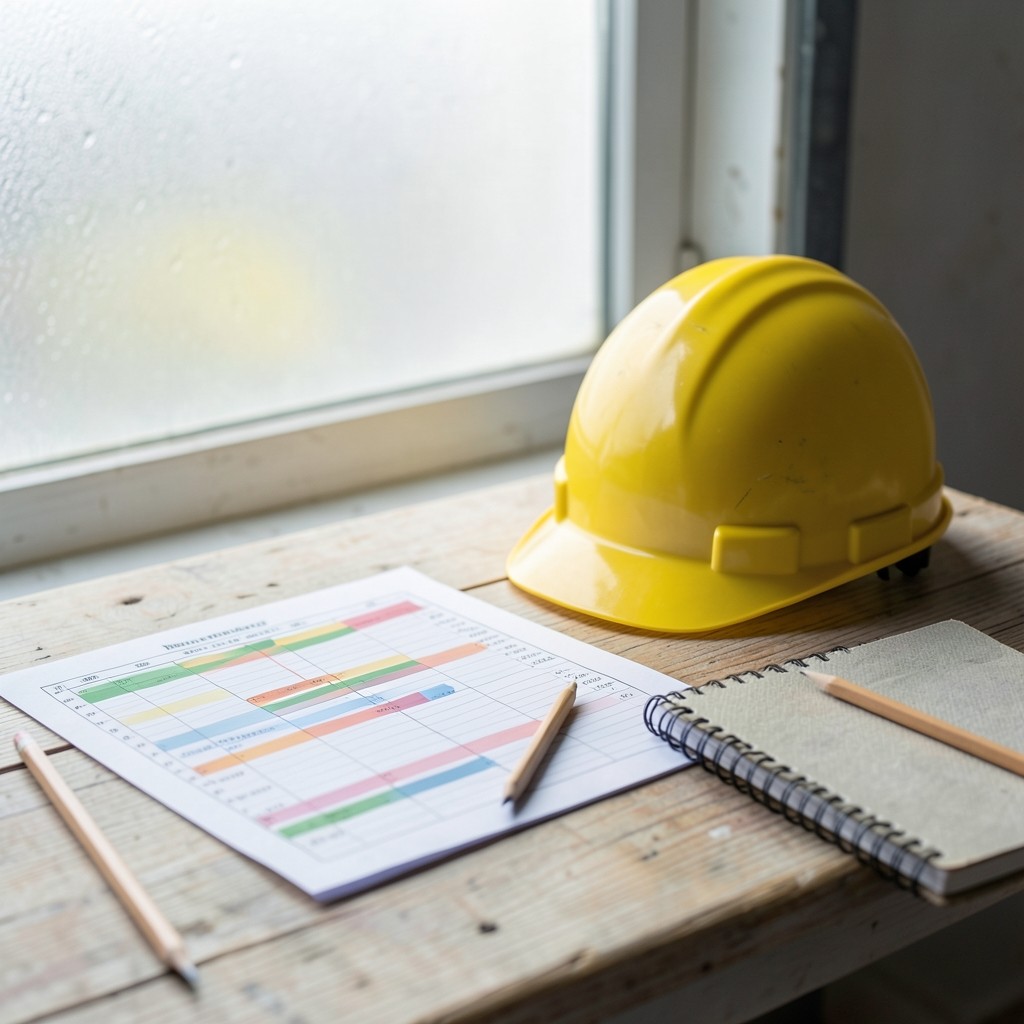 Construction programme chart printed beside a hard hat and site notes