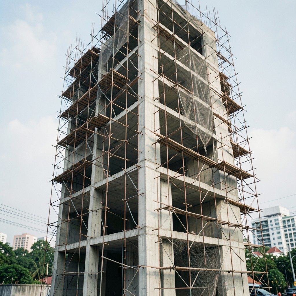 Construction site with concrete frame and temporary scaffolding under daylight